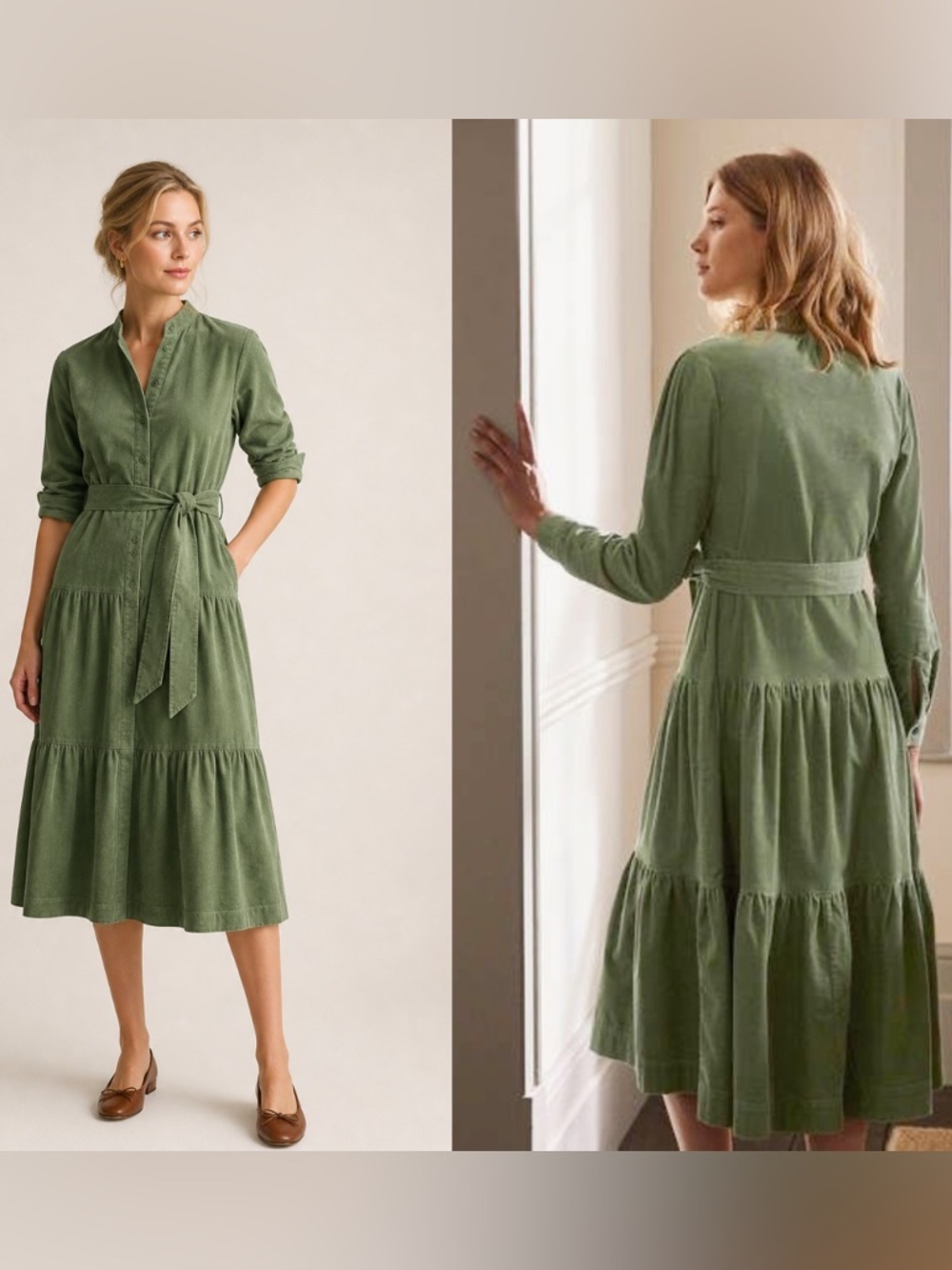 BODEN Tiered Shirt Corduroy Midi Dress Green Ruffle Preppy Long Sleeve Preppy 12